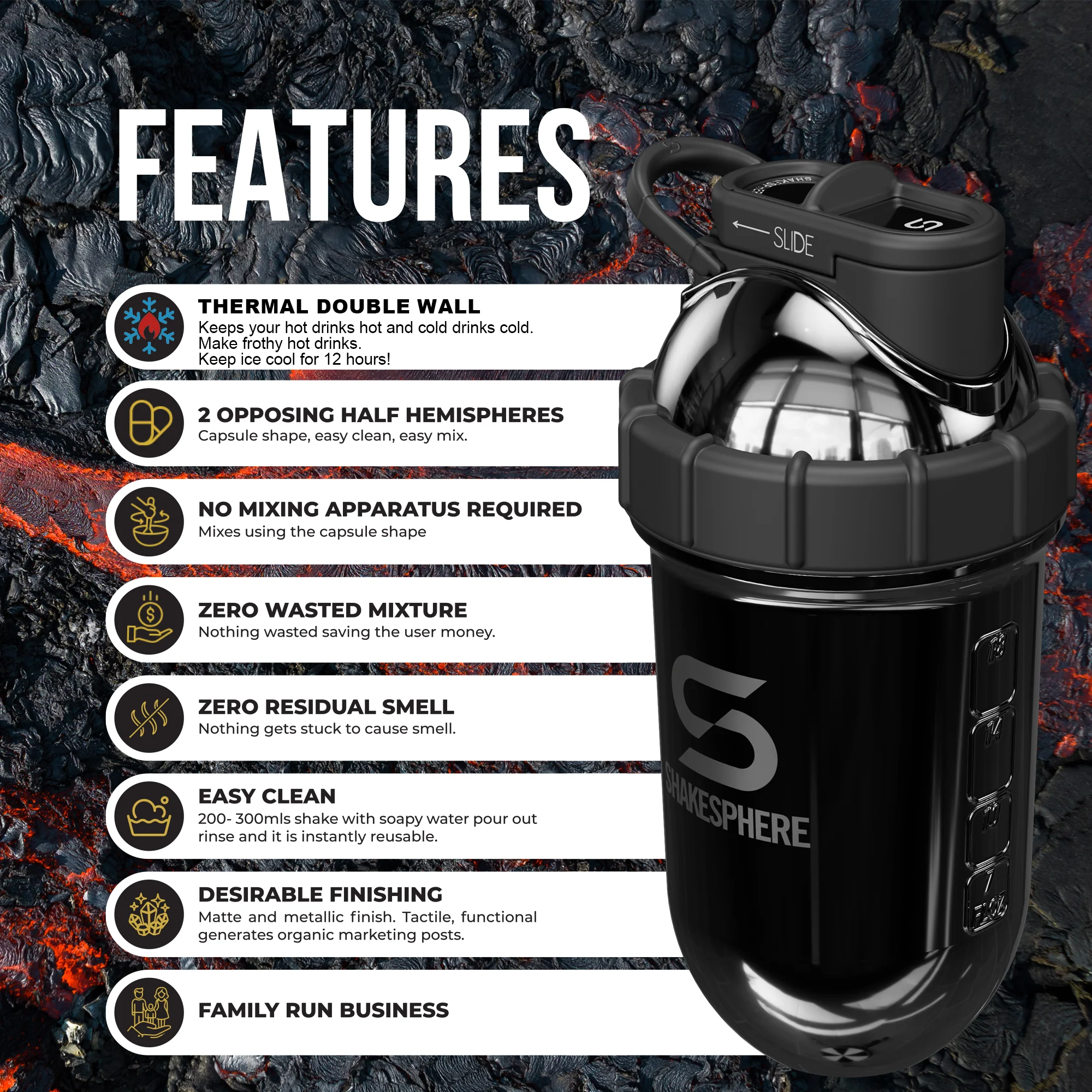 Protein shaker bottle 24.6 Fl Oz Double Wall Steel Mirrored Black - Image 21