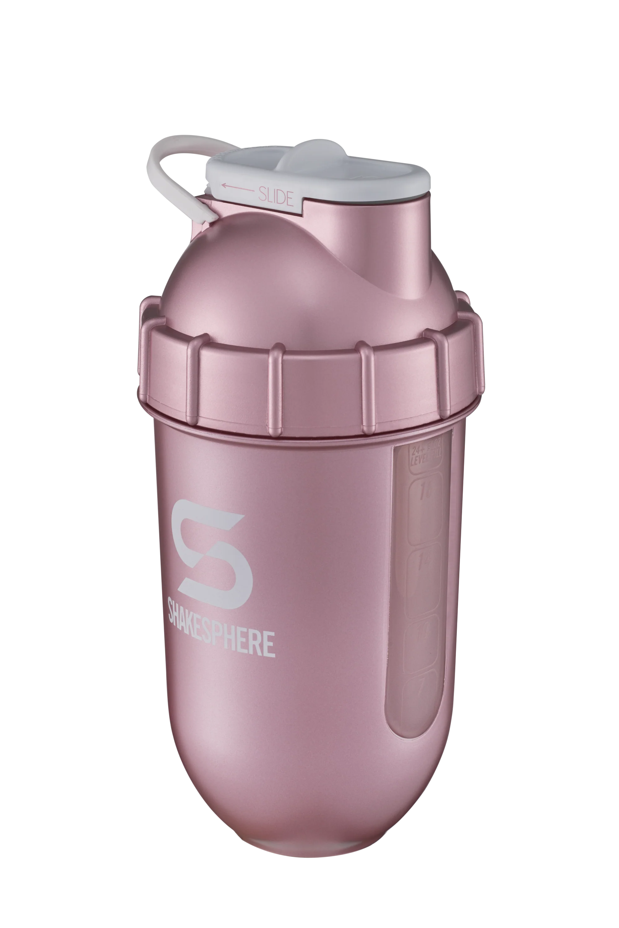 Protein shaker bottle 24.6 Fl Oz ShakeSphere Tumbler View Rose Gold/White Logo/Clear Window - Image 3