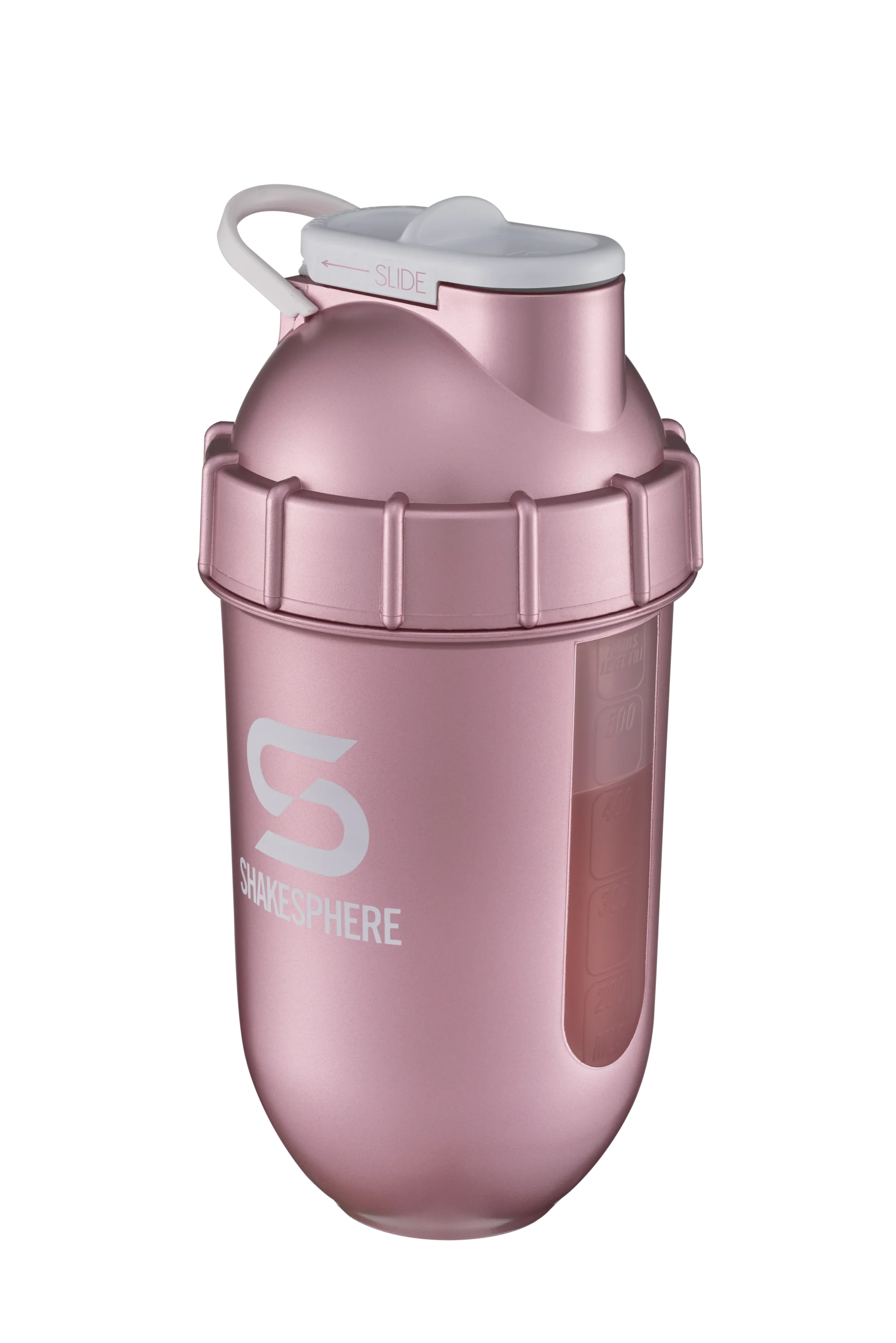 Protein shaker bottle 24.6 Fl Oz ShakeSphere Tumbler View Rose Gold/White Logo/Clear Window - Image 6