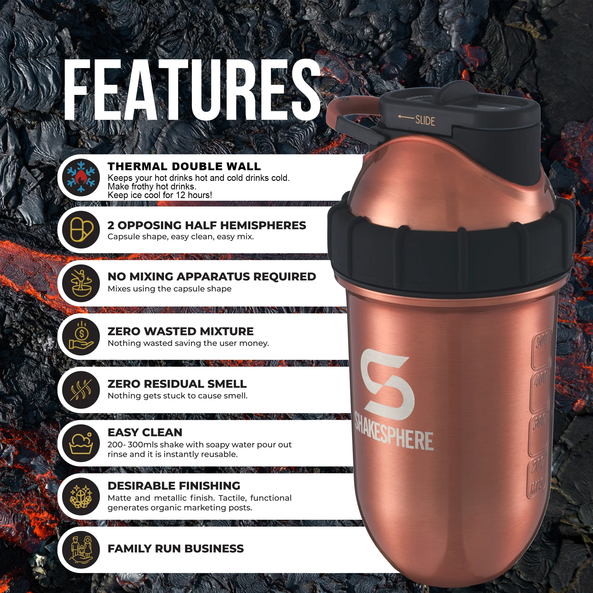 Protein shaker bottle 24.6 Fl Oz Tumbler Double Wall Steel Copper - Image 14